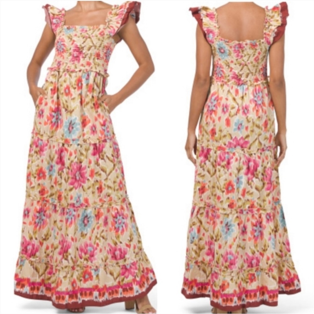 House of Harlow | Zoey Khaki Floral Bohemian Smocked Maxi Dress